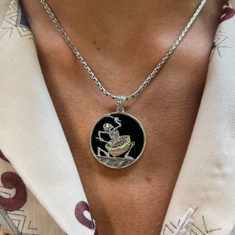 Sterling Silver & Black Mother Of Pearl Psychopomp Drummer Pendant (1-1/8” x 1-1/2”)