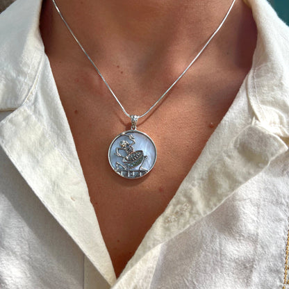 Sterling Silver & Mother Of Pearl Psychopomp Drummer Pendant (1-1/8” x 1-1/2”)