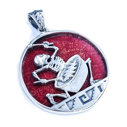 Sterling Silver & Red Coral Psychopomp Drummer Pendant (1-1/8” x 1-1/2”)