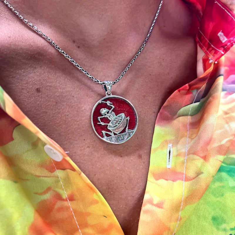 Sterling Silver & Red Coral Psychopomp Drummer Pendant (1-1/8” x 1-1/2”)